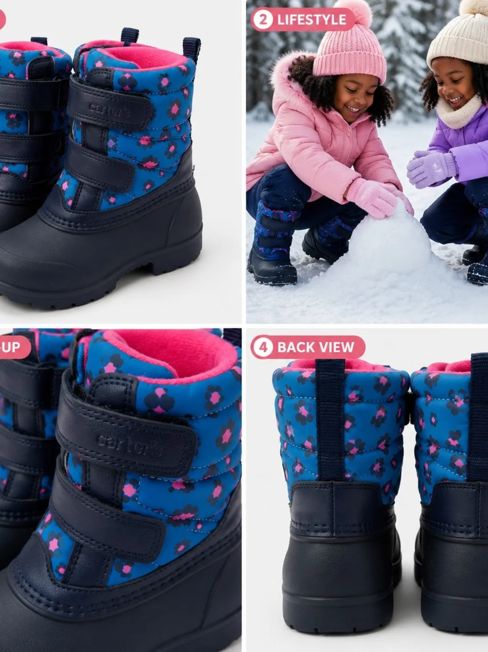 CARTER'S GIRL'S WINTER BOOTS - Navy Blue with Pink Floral - SIZE 8 NWT